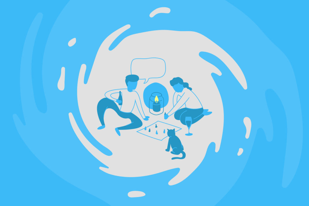 Illustrated man and woman play a board game with a hurricane swirling around them