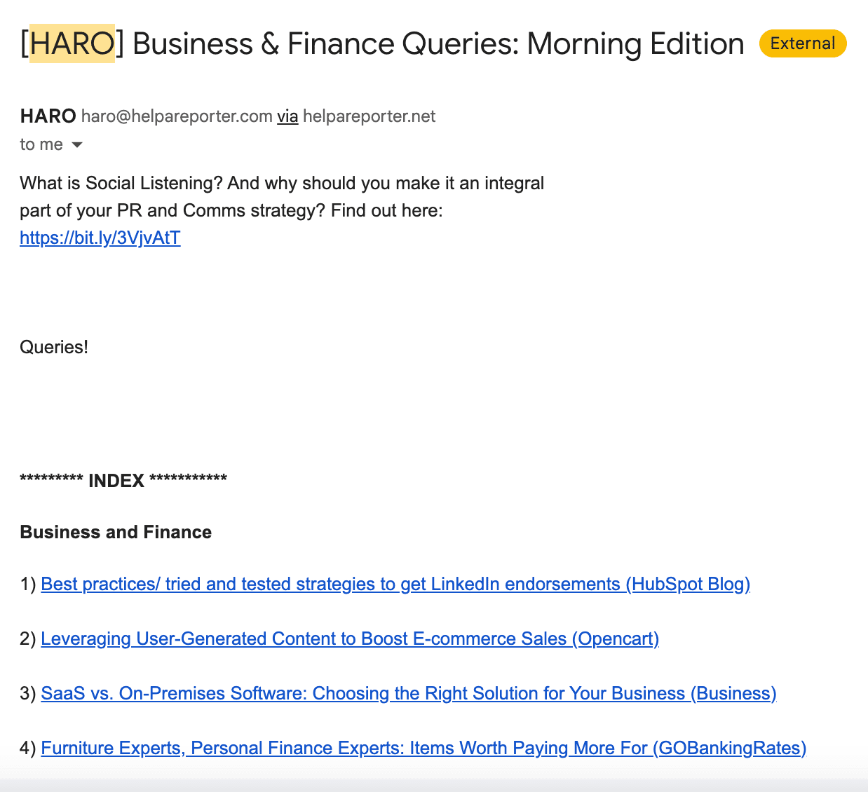 HARO email example of greeting and index