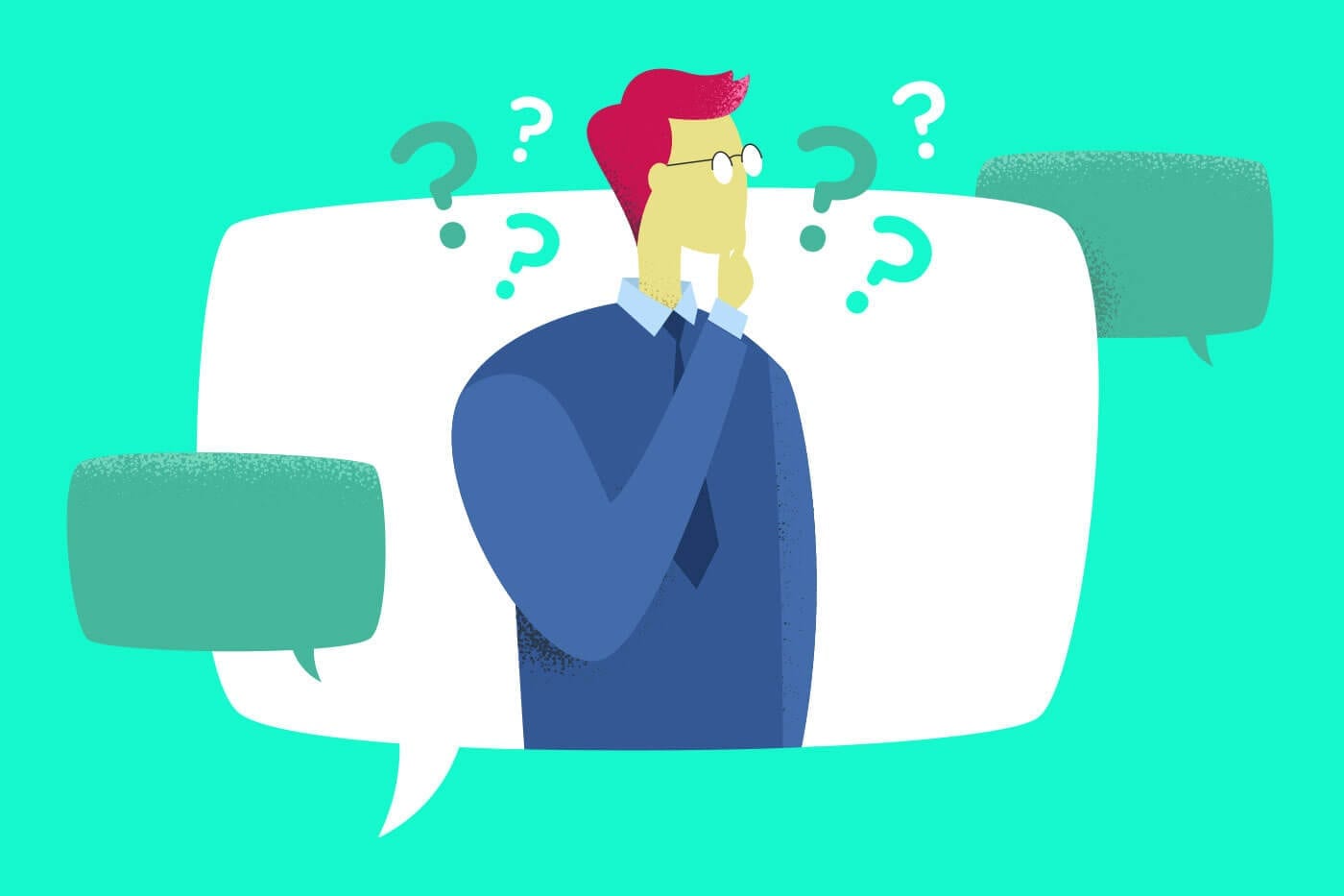 Illustration of man inside a chat bubble with question marks to represent questions to ask when hiring a digital marketing agency
