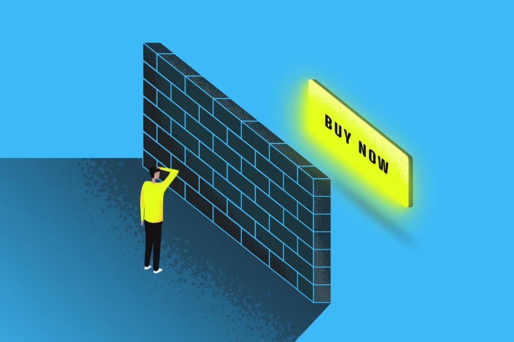 Illustration of a website visitor standing in front of a wall covering a "buy now" sign to represent Landing Page Mistakes