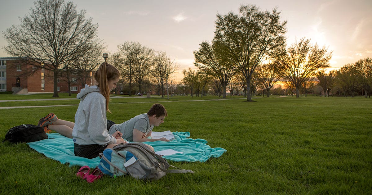 Students studying on grass at university