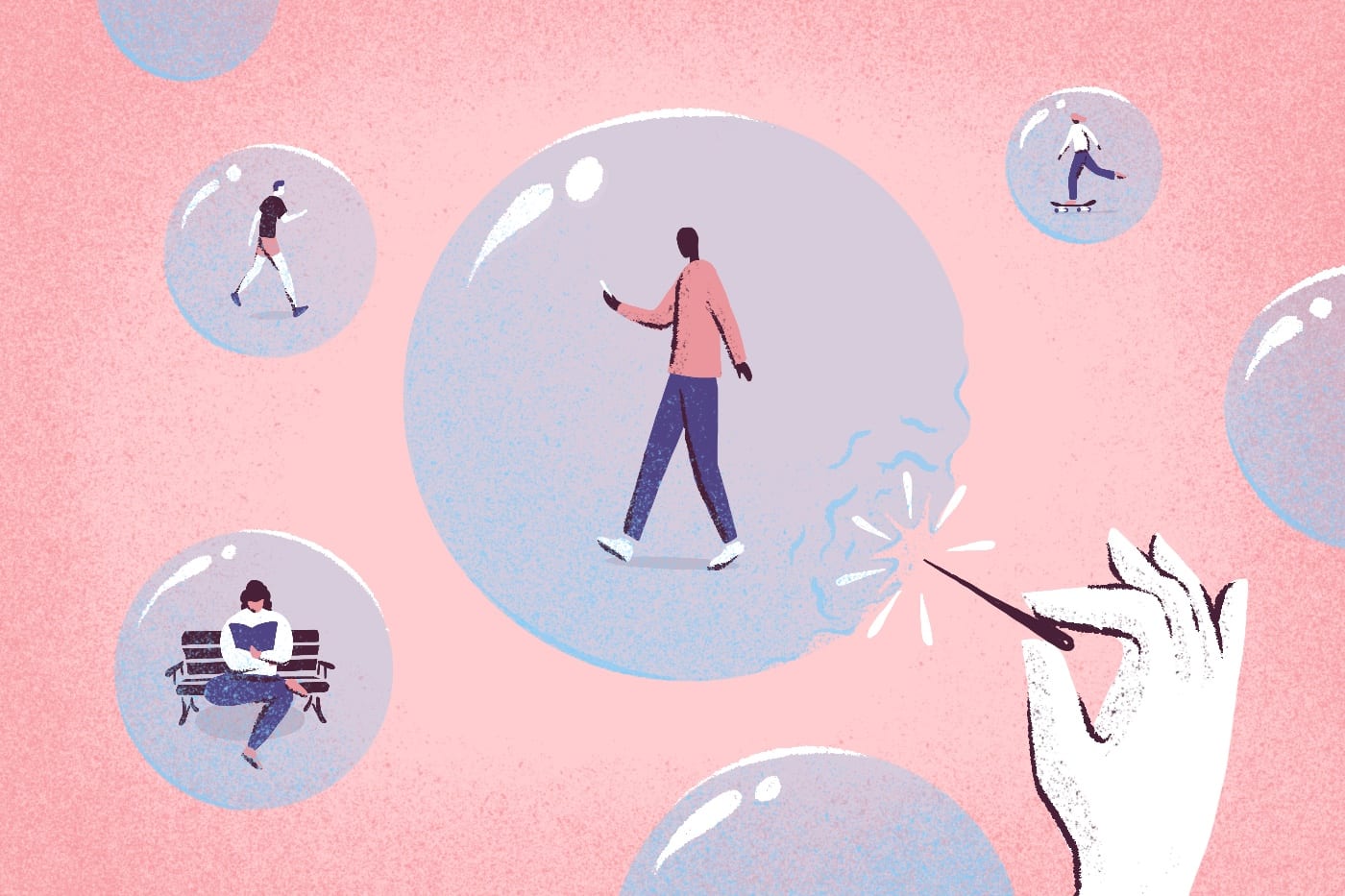 Illustration of a hand popping a bubble that contains a person looking at their phone