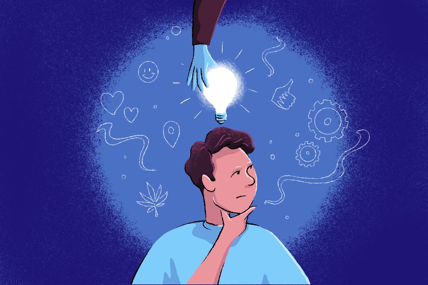 Illustration of a man thinking with a lightbulb above his head.