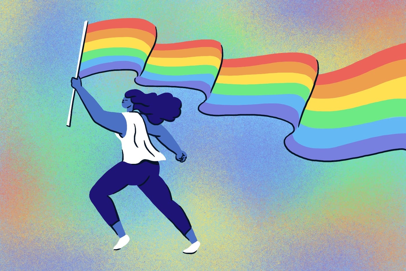 Illustration of a person waving a rainbow flag