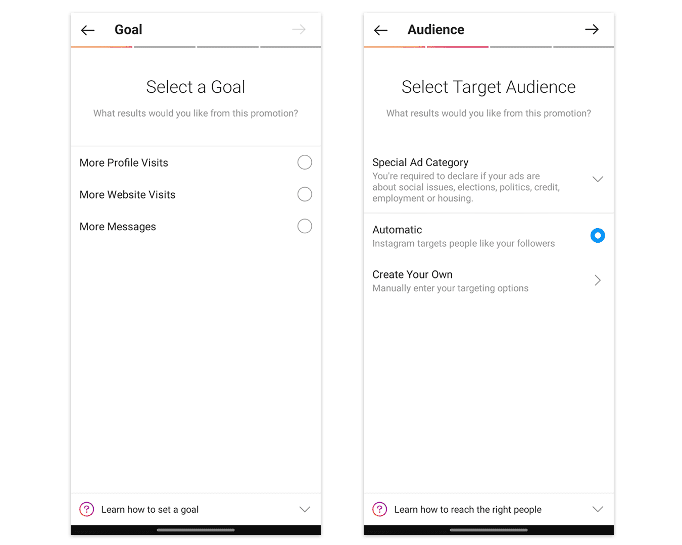 Instagram ad audience setup page