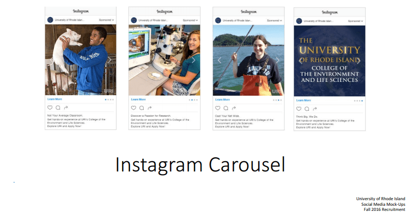 Instagram ads for higher ed example - carousel of University of Rhode Island ads 