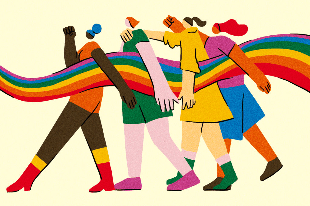 Illustration of four people carrying a rainbow to celebrate Pride Month.