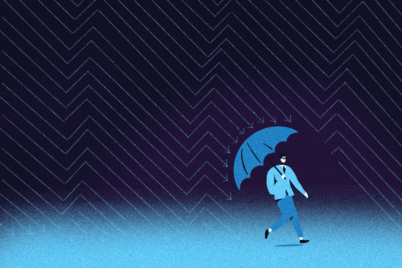 man holding an umbrella in a rain of arrows