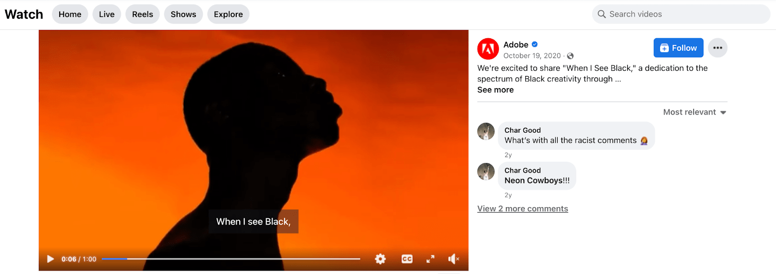 Facebook post from Adobe's "When I See Black" multicultural marketing campaign