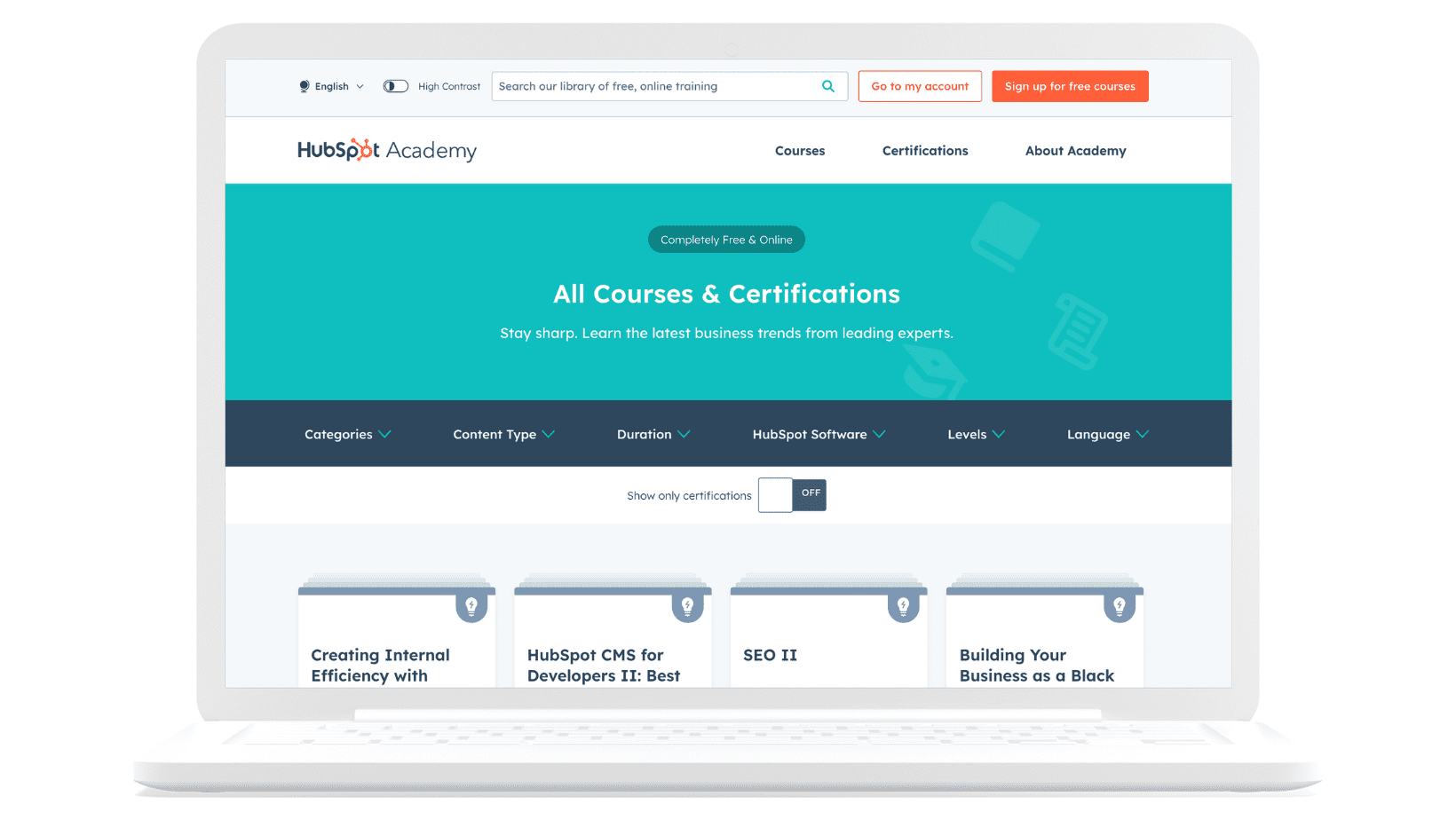 Picture of HubSpot's Certifications on a laptop screen