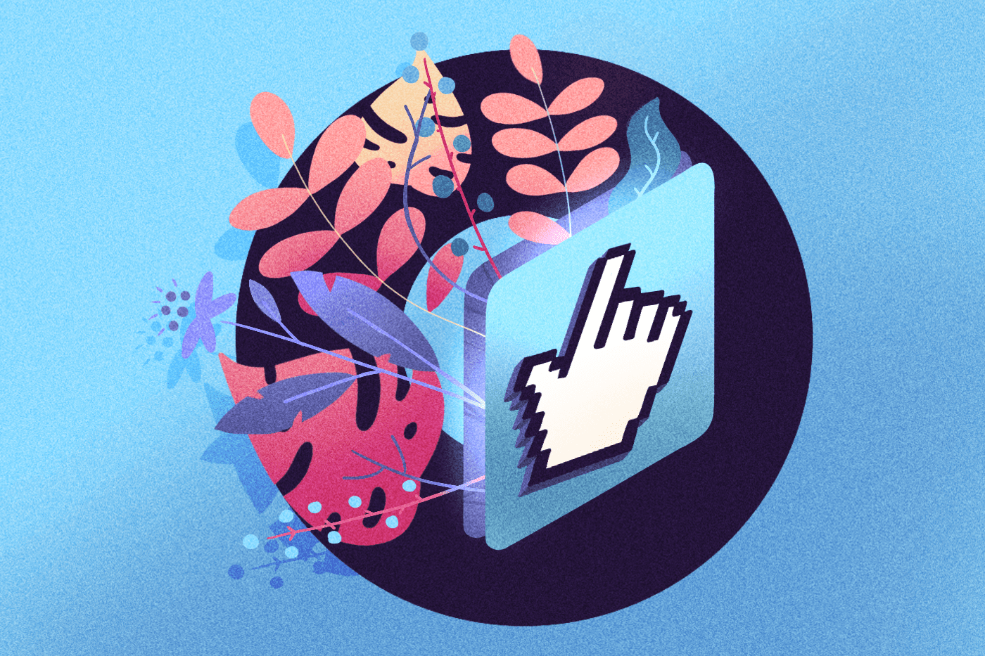 Illustration of a digital hand icon with plants growing from the icon