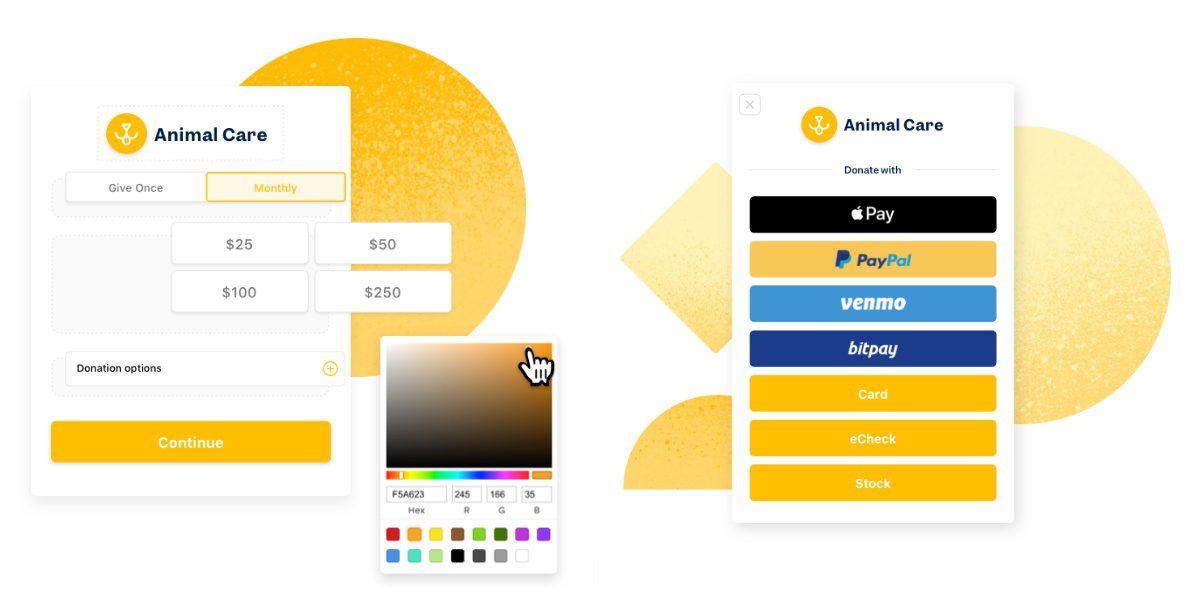 Funraise donation form color selector and payment methods
