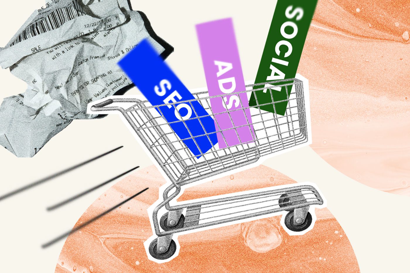 Blocks labeled SEO, Ads, and Social in a shopping cart