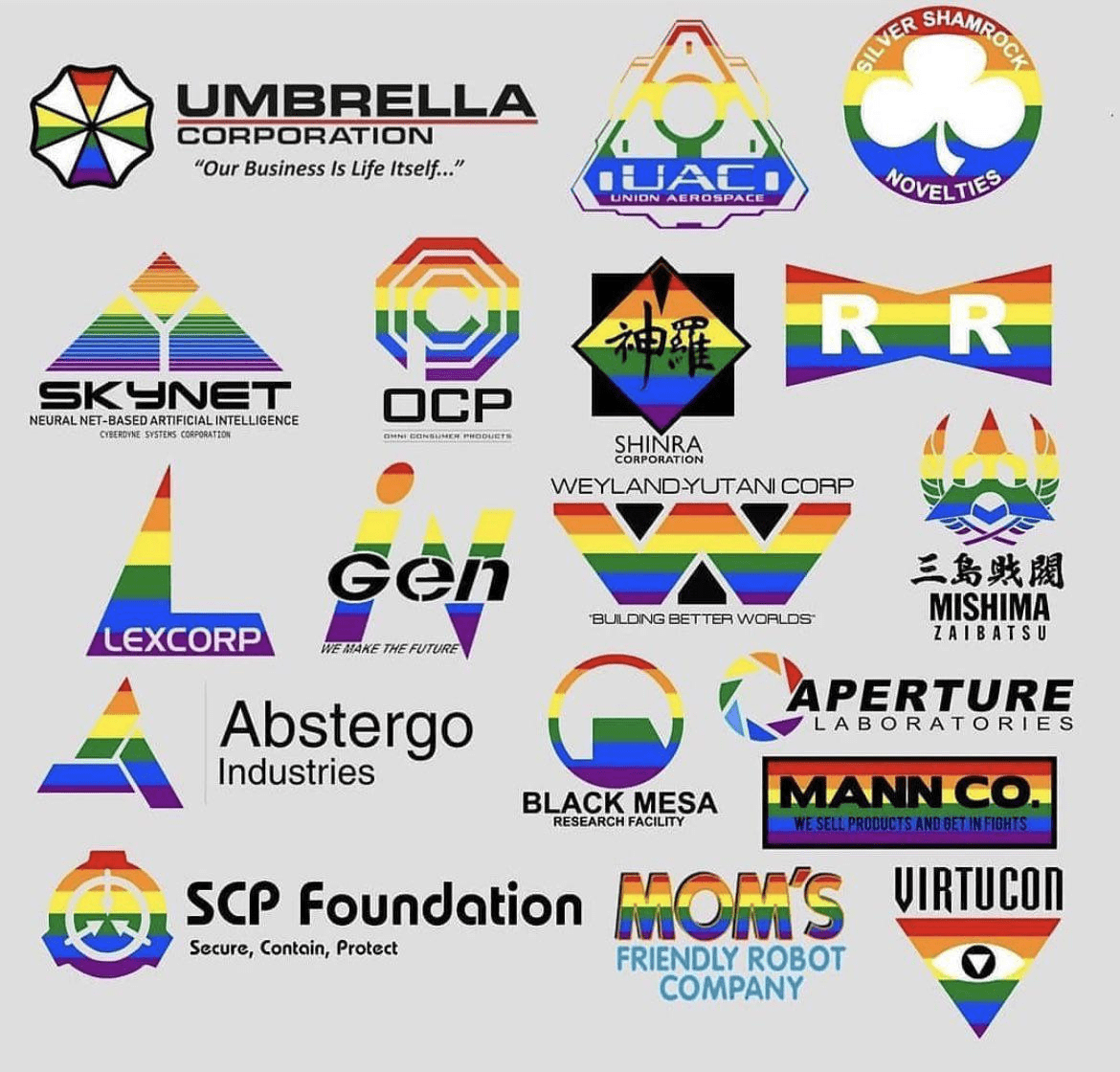 Video game and movie evil corporation logos in Pride rainbow colors