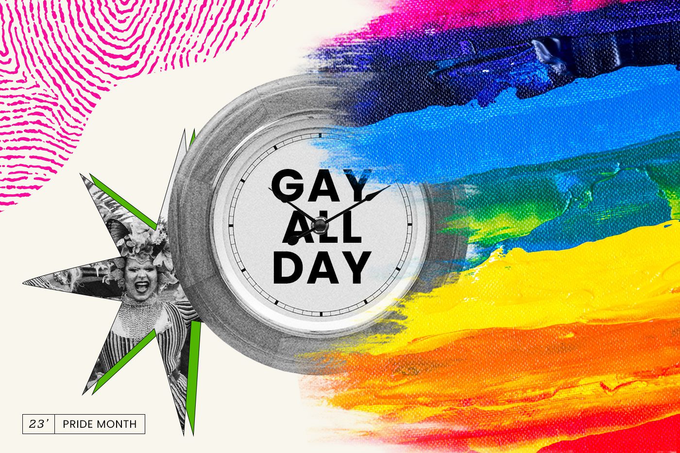 Pride 2023 rainbow with text on a clock saying "Gay all day"