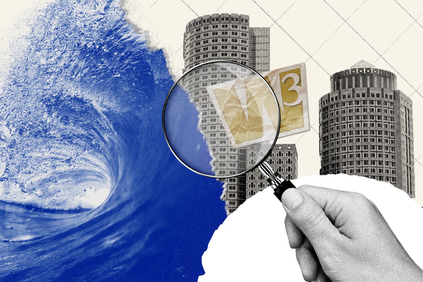 Collage of a wave, buildings, and the W3 logo under a magnifying glass.