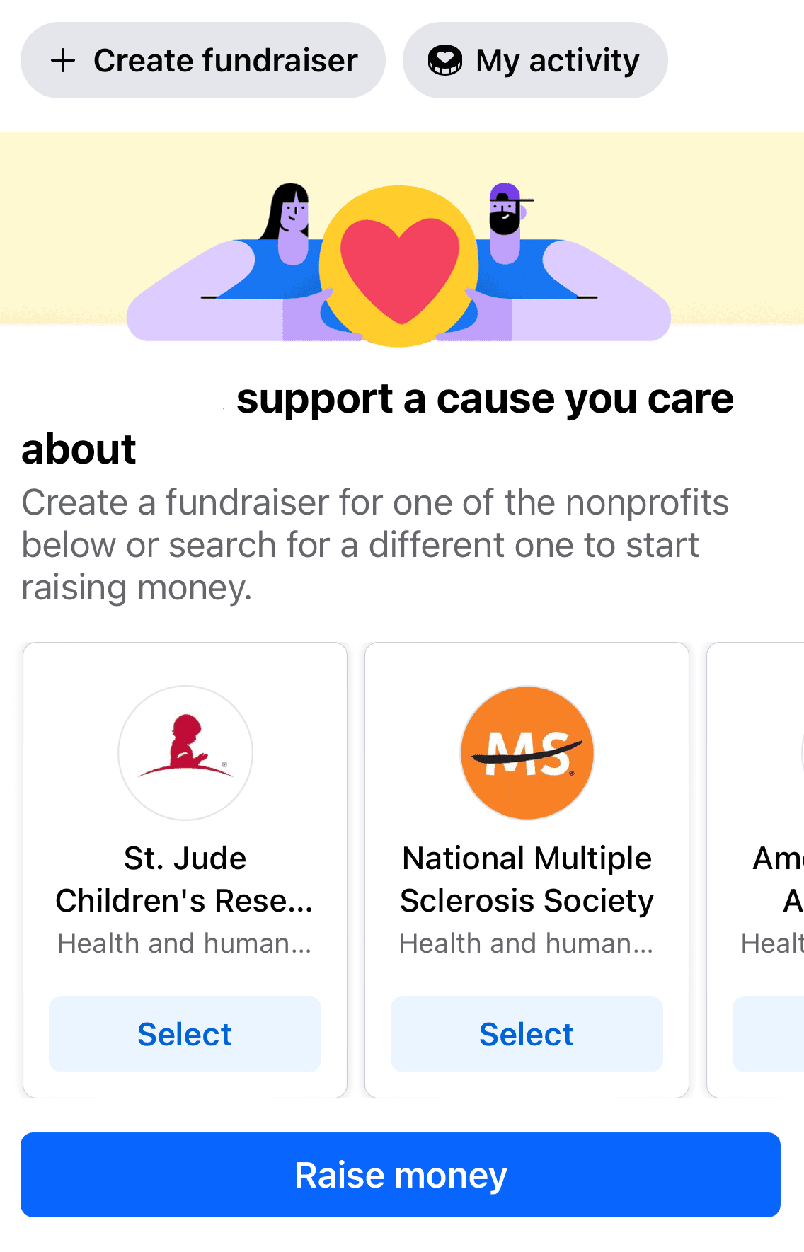 Fundraiser page inside of Facebook app
