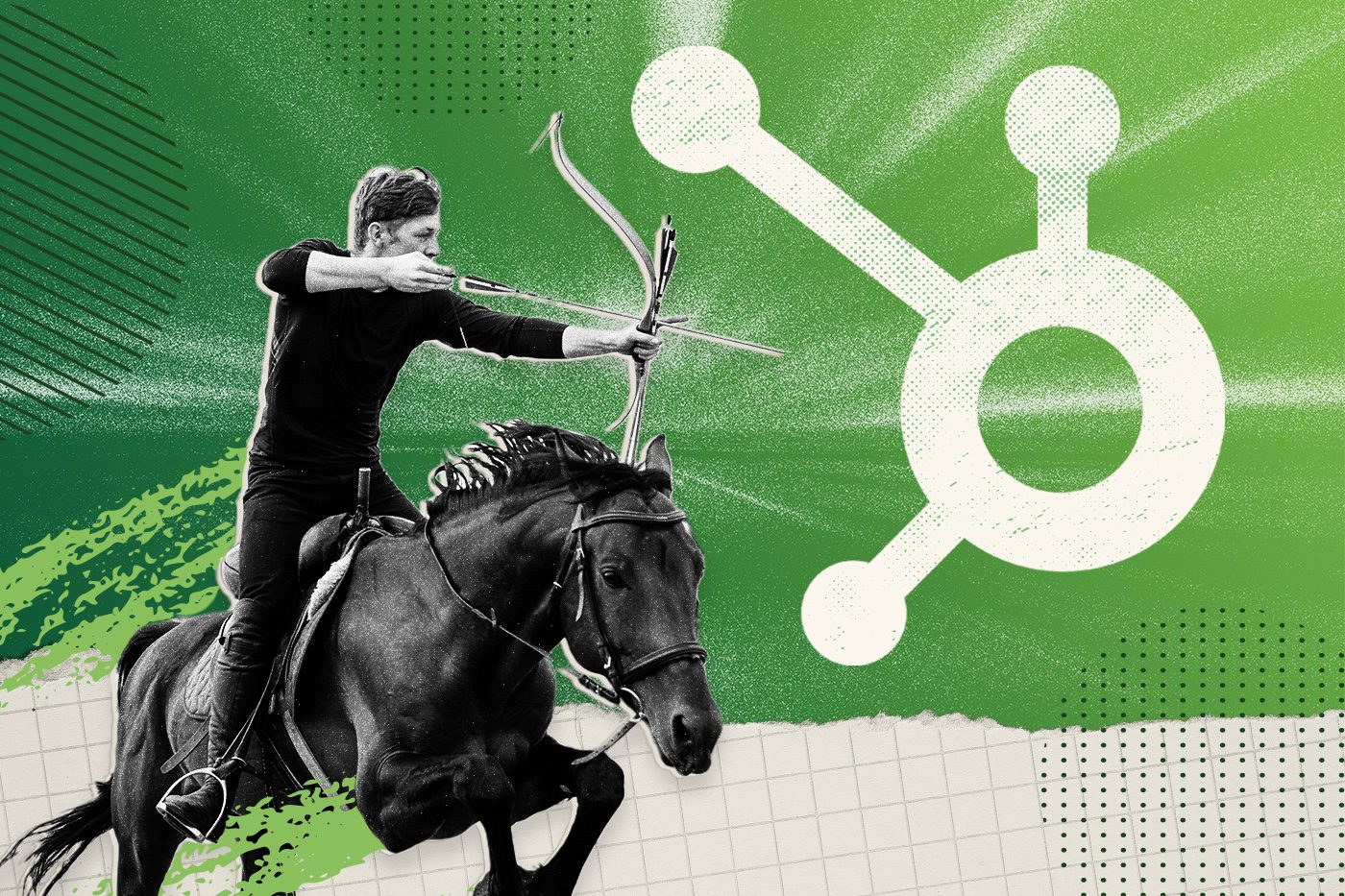 Collage of an archer on a horse aiming for a HubSpot logo to symbolize targeting a strategy in HubSpot