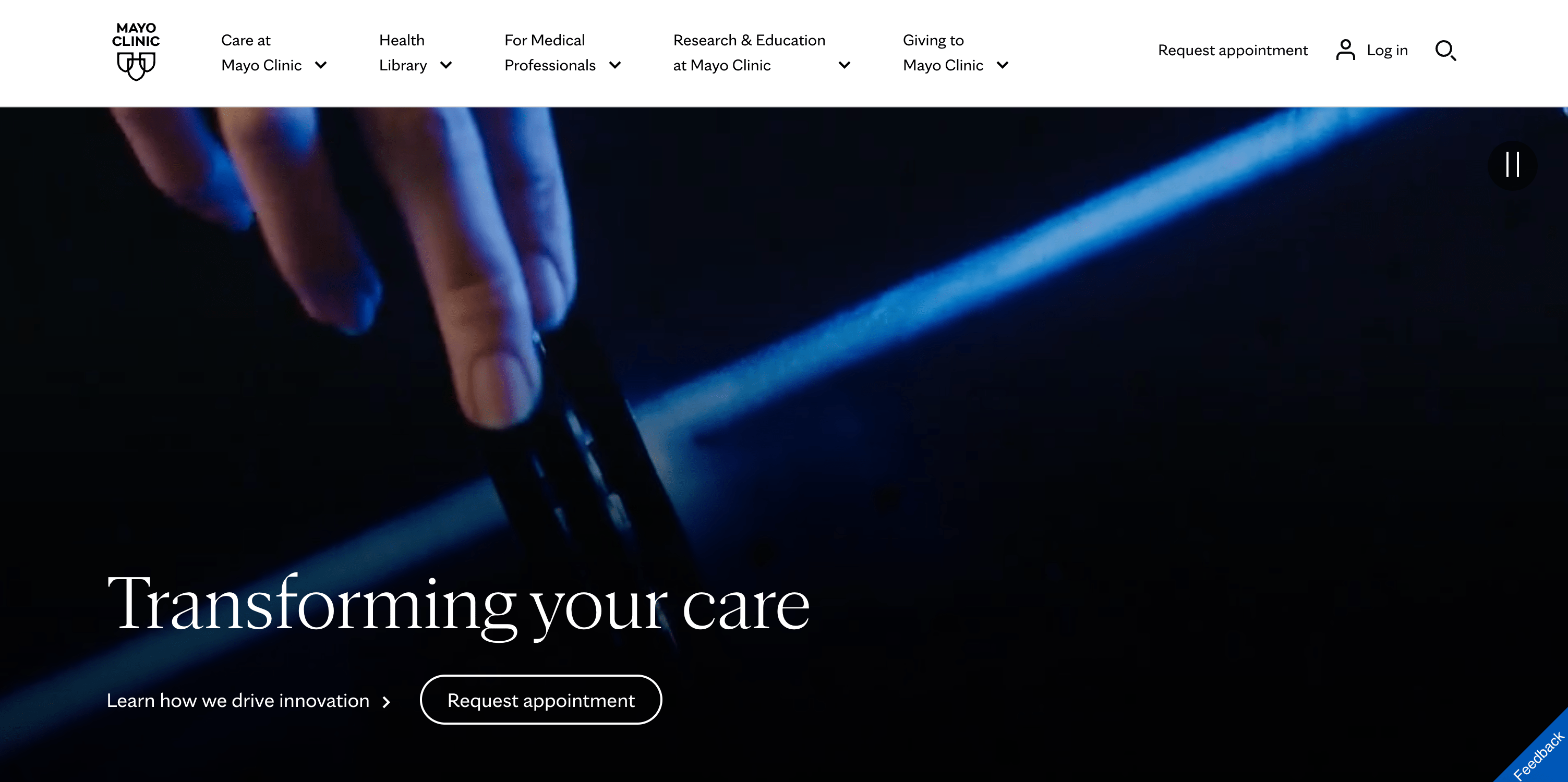 Homepage of healthcare website Mayo Clinic