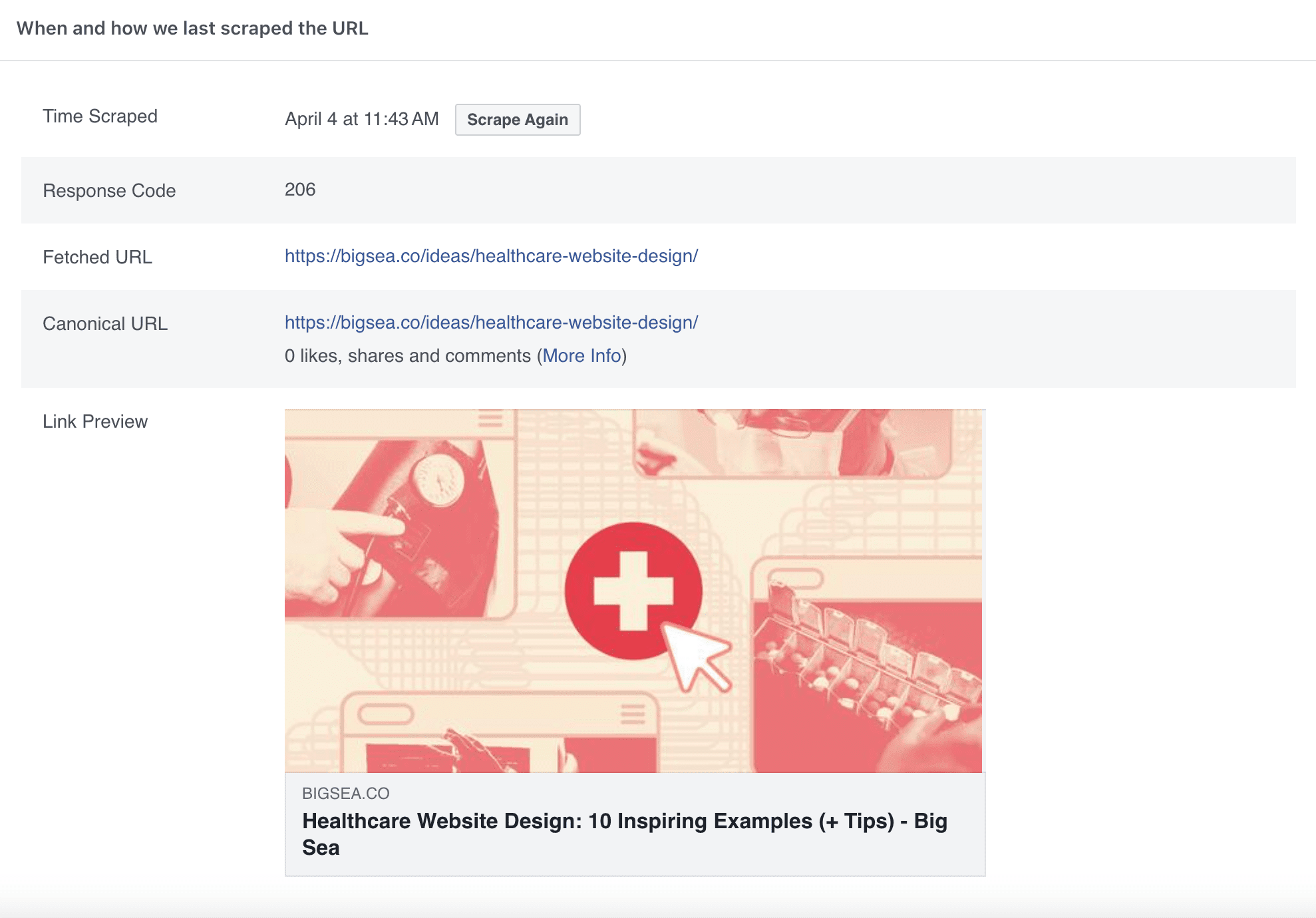 Scrape again button and the preview window in the Facebook Debugger Tool