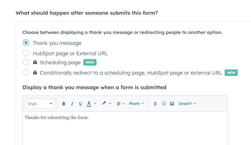 A screenshot showing the follow up form options in Hubspot