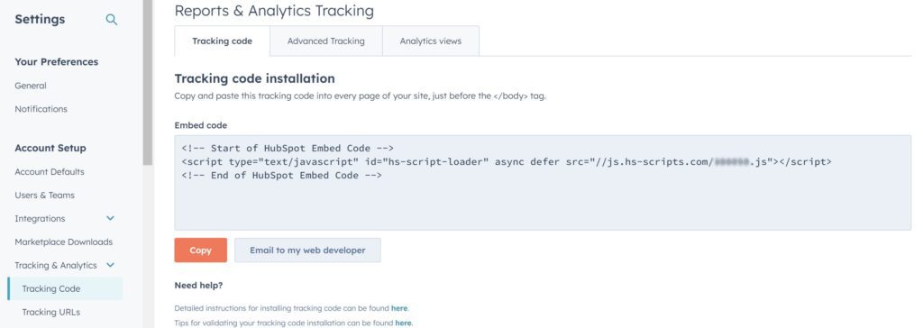 Screenshot showing where to go to add the tracking code in HubSpot