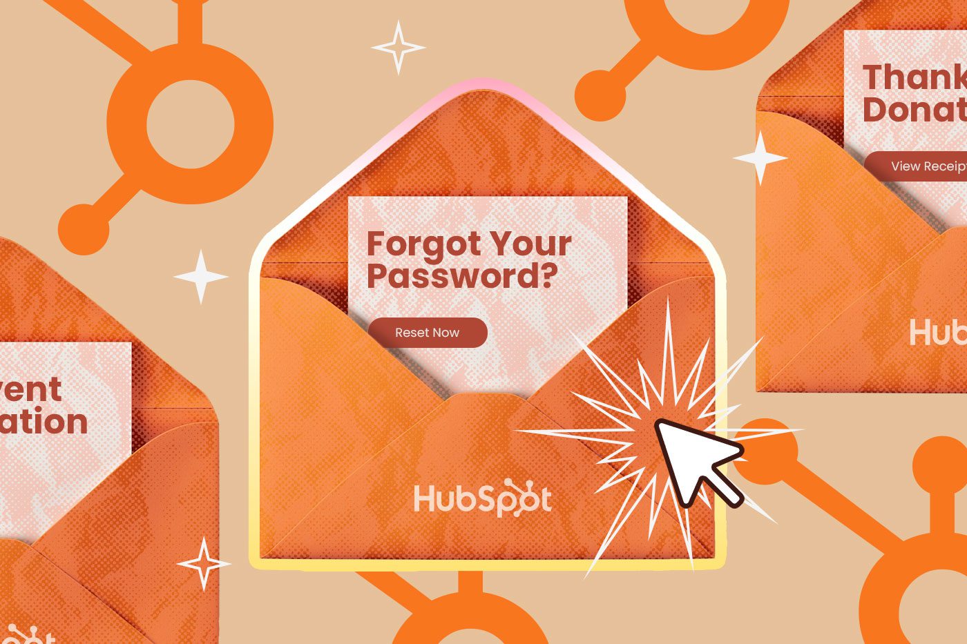 A custom designed graphic showing the Hubspot logo, an orange envelope and a mouse clicking on a link about forgetting your password