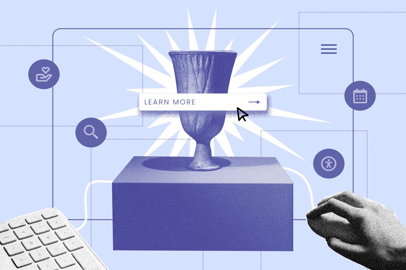 A collage of graphics including an urn, a keyboard and a hand on a computer mouse. This graphic is symbolizing building a museum website.