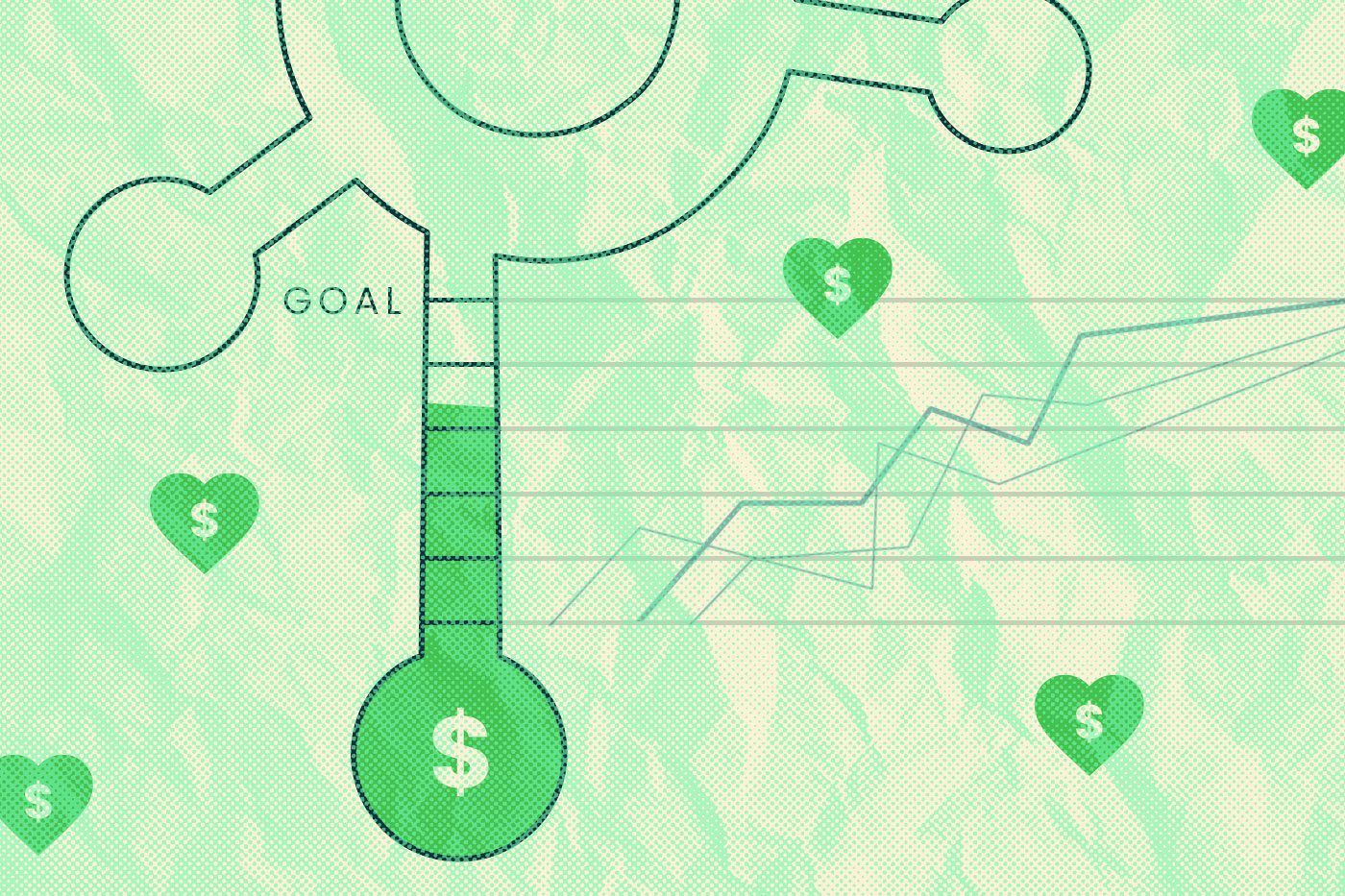 A Hubspot logo that is green to represent money that also has a fundraising chart on it.