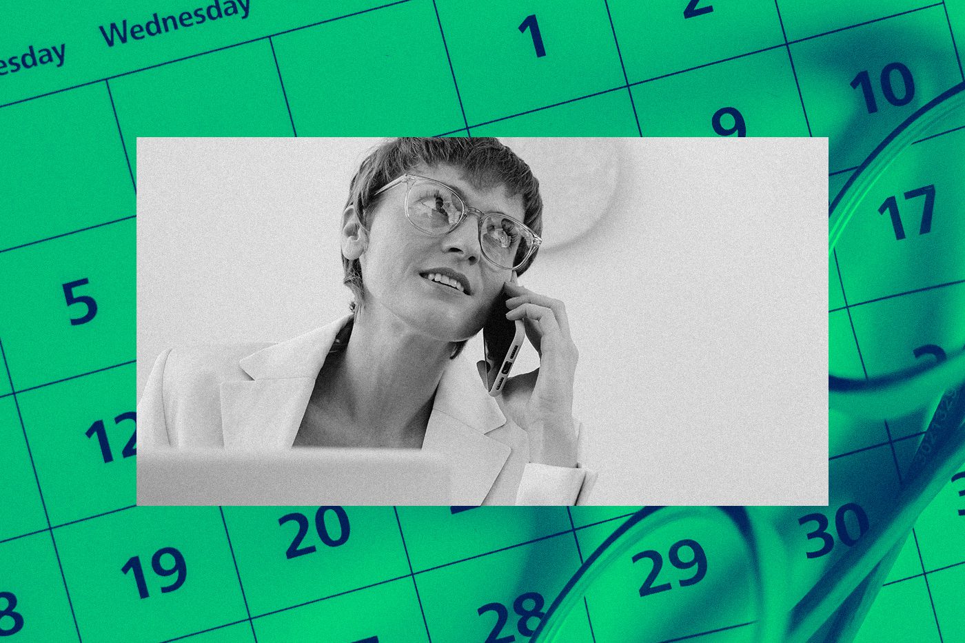 Black-and-white photo of a person talking on the phone while working at a laptop, overlaid on a green calendar background. Represents planning and organization for building a year-round donor communications calendar.